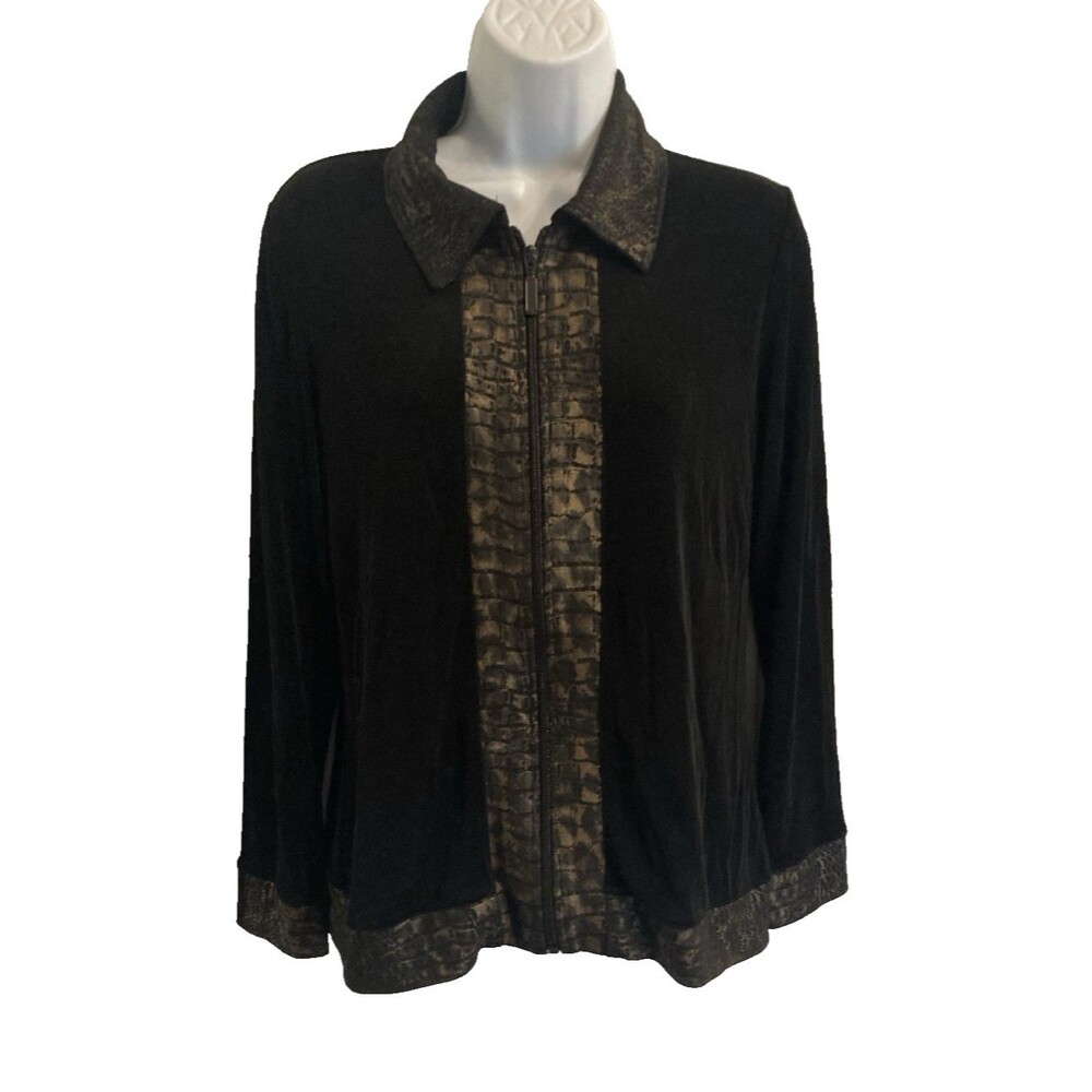 CHICO'S TRAVELERS Size 0 (S) Black Slinky Knit Zip Jacket Cardigan Animal Print